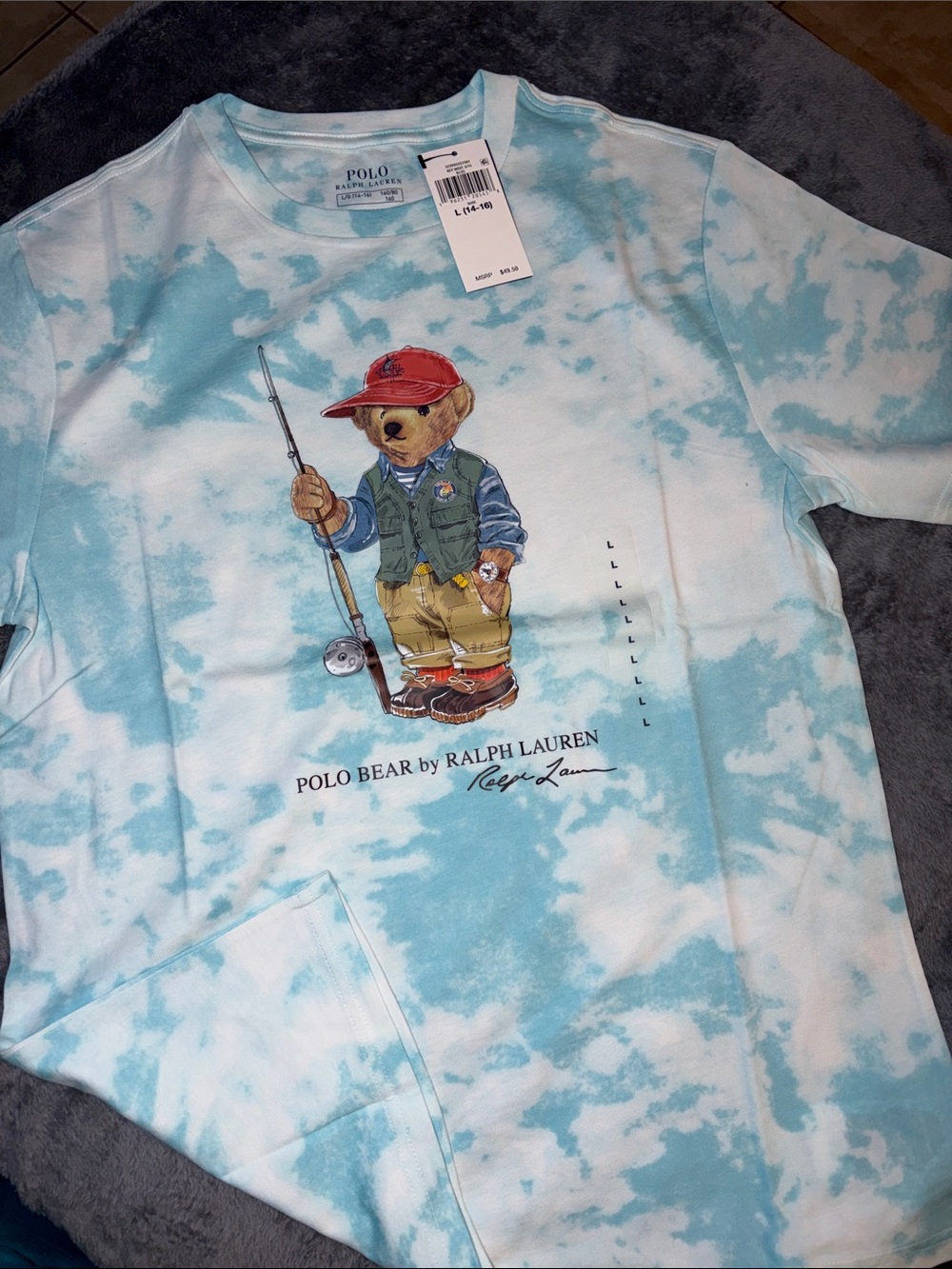 Ralph Lauren Polo Bear Fishing Tie-Dye Long Sleeve Shirt - Light Blue/White
